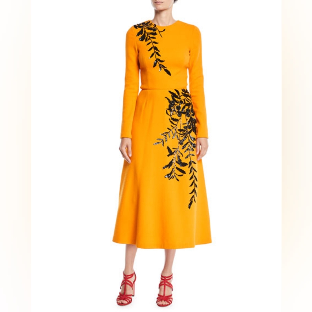 $6,990 NEW OSCAR DE LA RENTA ORANGE BEAD EMBROID MIDI RUNW DRESS US 8